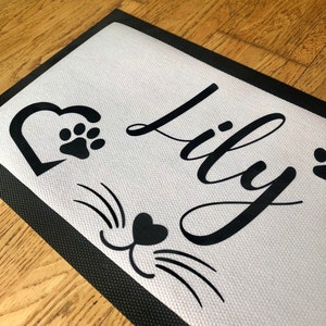 May include: Black and white doormat with a black heart and paw print, black cat whiskers and a heart, and the name "Lily" in black cursive lettering.