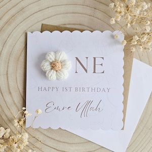 Personalisierte 1.2.Geburtstagskarte, Eins Zwei, Mädchen Junge Benutzerdefinierte Karte, Neutrale Minimal Karte, Blumen Karte, Baby Luxus Karte,Enkel Tochter-044