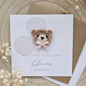 Gepersonaliseerde gehaakte nieuwe babykaart, handgemaakte teddybeer, luxe nieuwe babyjongen meisje, neutrale kleinzoon, kleindochter, welkom kleintje 071