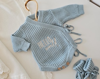 Personalised Baby Romper, Luxury Neutral Chunky, Newborn Beige, Baby Announcement Bodysuit, Baby Coming Home Outfit, Knitted Hello World