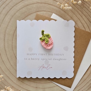 Biglietto di auguri personalizzato per il primo compleanno, Berry 1° compleanno, figlia all'uncinetto, nipote, sorella nipote, figlioccia fragola, bambino di lusso