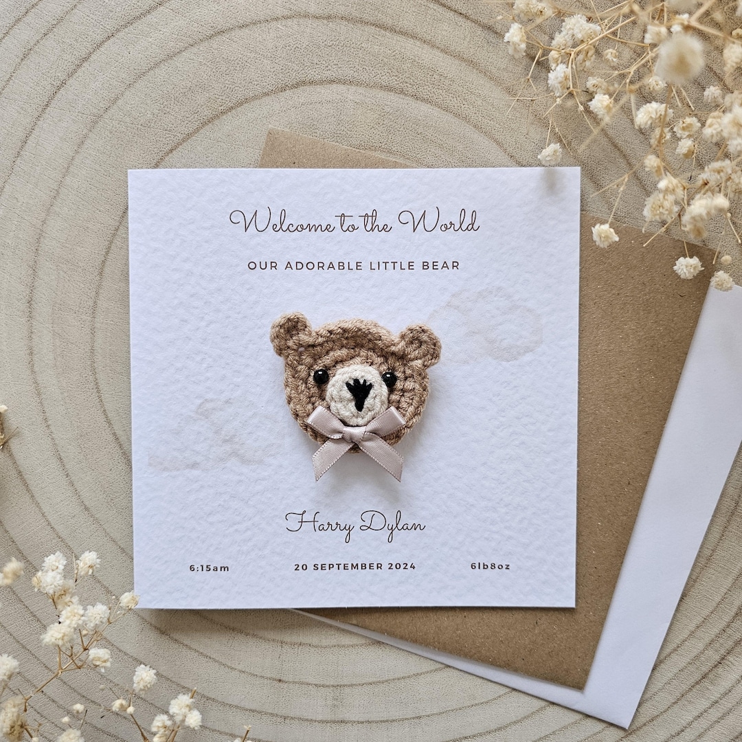 Personalised Crochet New Baby Card, Handmade Crochet Bear, Luxury New