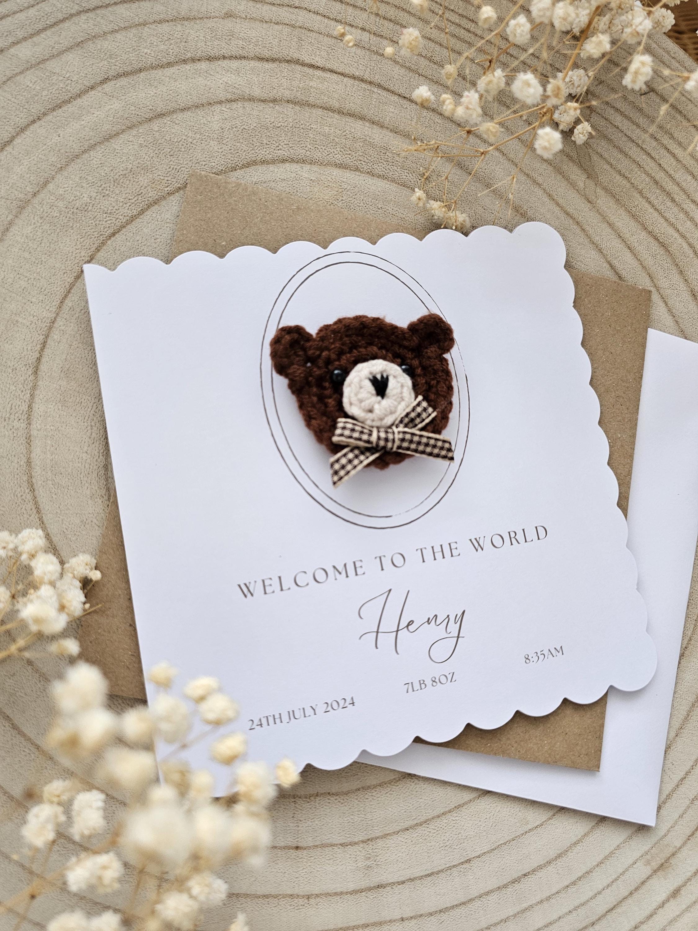 Personalised Vintage Crochet New Baby Card, Handmade Crochet Bear ...