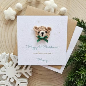 Première carte de Noël personnalisée de bébé, ours en peluche neutre, 1er Noël de nouveau bébé, voeux de vacances pour enfants, petit-fils neveu, fils 098