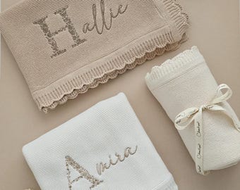 Luxury Embroidered Baby Blanket, Personalised Floral Heirloom, Shower Gift, Newborn Coming Home Outfit, Birth Name Annoucement, Scalloped