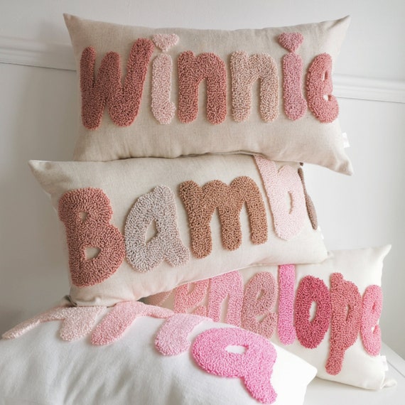 Nursery Room Decorative Pillow Customisable Cushion Playroom Decor New baby Made to Order Gift Punch Needle Monogram Neutral Beige Colours Etsy