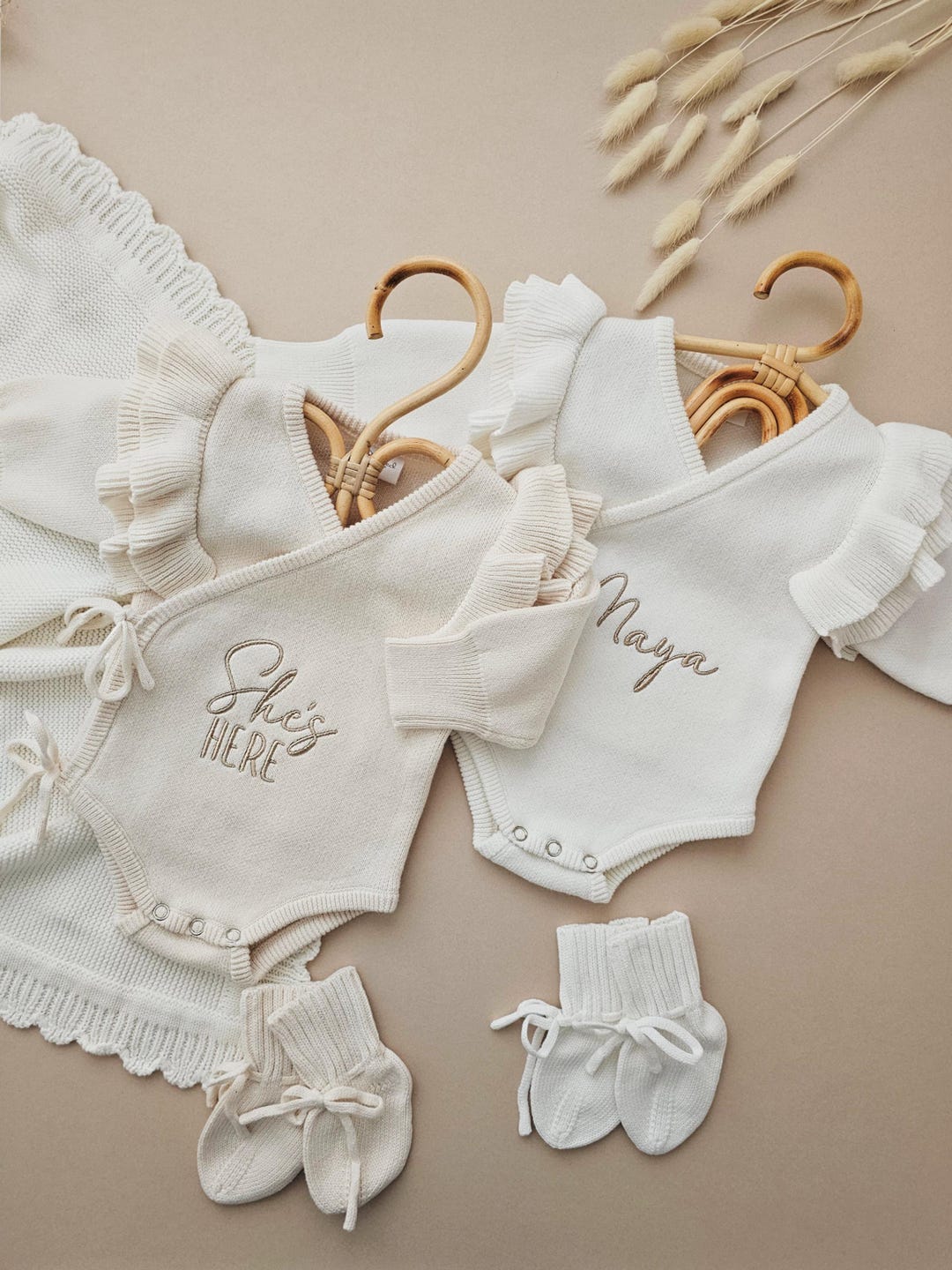 Personalised Baby Ruffle Romper, Luxury Neutral Set, Newborn White ...