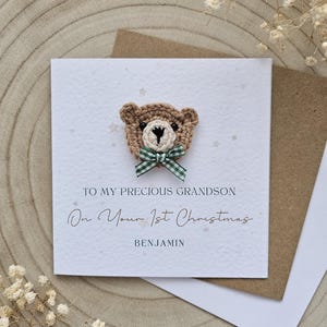 Cartão de Natal personalizado para o primeiro bebê, cartão de urso, cartão de Natal para o novo bebê, saudações para crianças, neto, neta, filho, Natal -056
