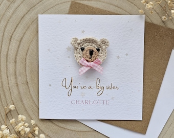 Personalised New Big Sister Card, Siblings Sister, Baby Announcement, You Are Big Sister, Congratulations Big Sister, Teddy Bear Neutral-054