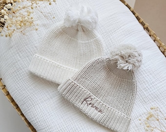 Gepersonaliseerde gebreide bobbelmuts, dikke pompon, cadeau pasgeborene, luxe neutraal, outfit voor thuisaankondiging