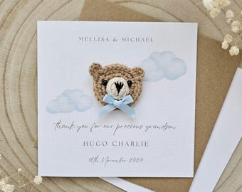 Tarjeta de bebé de ganchillo personalizada, regalo de agradecimiento para nieto, nieta, sobrina o sobrino, osito de peluche neutro, regalo de lujo para recién nacido, niño y niña, 142 l