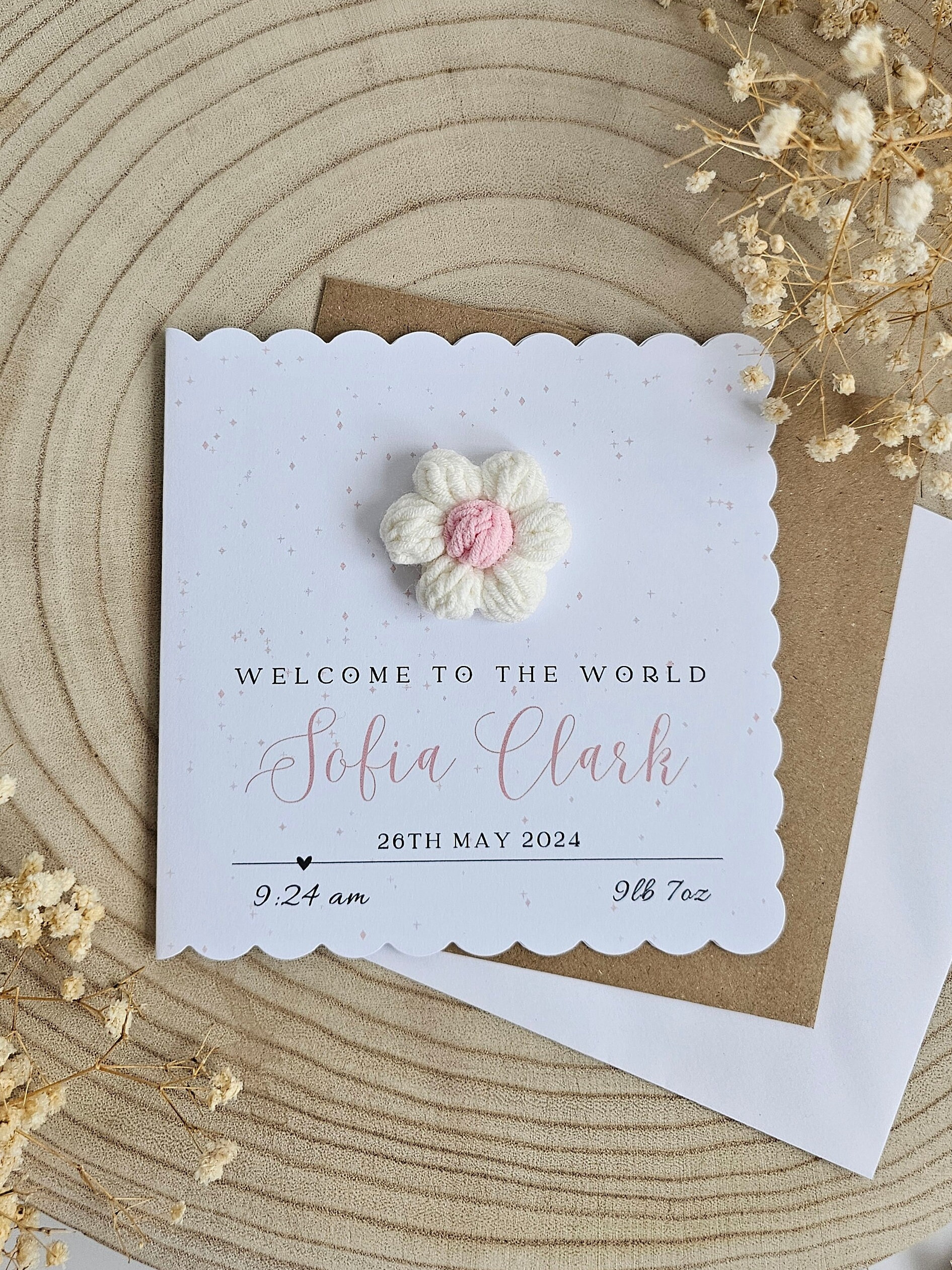 Personalised Crochet New Baby Card, New Baby Girl Card, Birth Weight ...