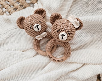 Personalized Crochet Baby Rattle, Neutral New Baby Gift, Baby Shower Toy, Wooden Rattle, Montessori Toy, Beige Bear Rattle, Organic Toy,