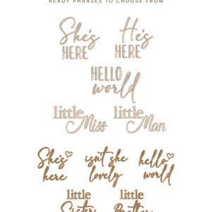May include: A collection of brown text phrases featuring the words: OUR SIGNATURE, READY PHRASES TO CHOOSE FROM, She's HERE, He's HERE, HELLO world, little Miss, little Man, She's here, isn't she lovely, hello world, little Sister, and little Brother.