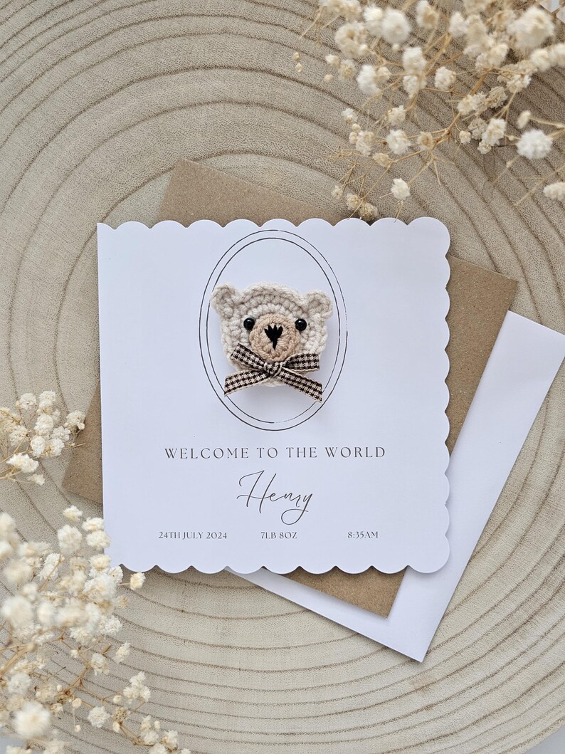 Personalised Vintage Crochet New Baby Card, Handmade Crochet Bear ...