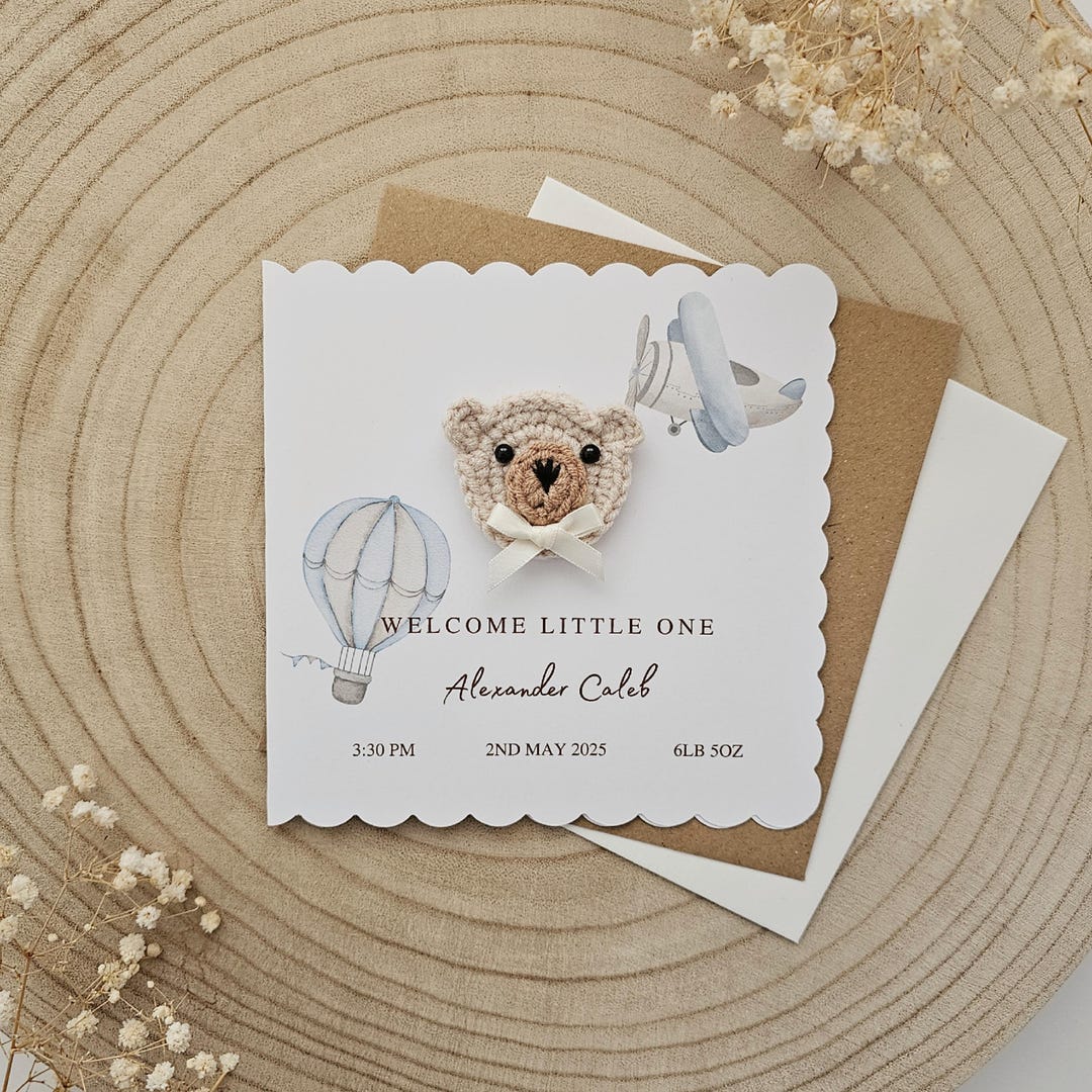 Personalised Crochet New Baby Card, Handmade Crochet Bear, Luxury New ...