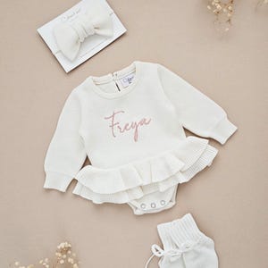 Personalized Knit Ruffle Romper: Newborn Girl Outfit, Baby Announcement, Home Outfit, Baby Girl, Neutral White Dress