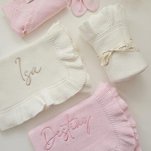 Personalised Ruffle Edge Baby Blanket, Luxury Neutral Knitted, Oyster Cotton, Baby Shower Gift, New Baby Newborn Pram, Birth Announcement