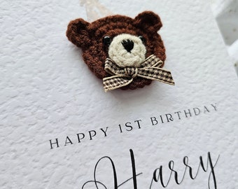 Personalised Crochet 1st Birthday Card, Handmade Bear Card, New Baby Boy Card, New Baby Girl Card, Bear Card For New Baby, Personalised Gift