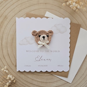 Gepersonaliseerde gehaakte nieuwe babykaart, handgemaakte gehaakte beer, luxe nieuwe babyjongen, nieuwe babymeisje, neutrale beer nieuwe baby, gepersonaliseerd cadeau 062S