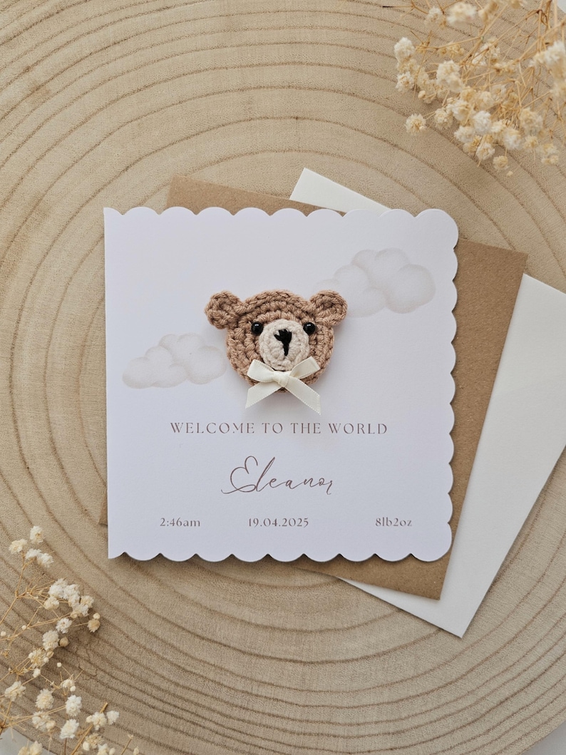 Personalised Crochet New Baby Card, Handmade Crochet Bear, Luxury New ...
