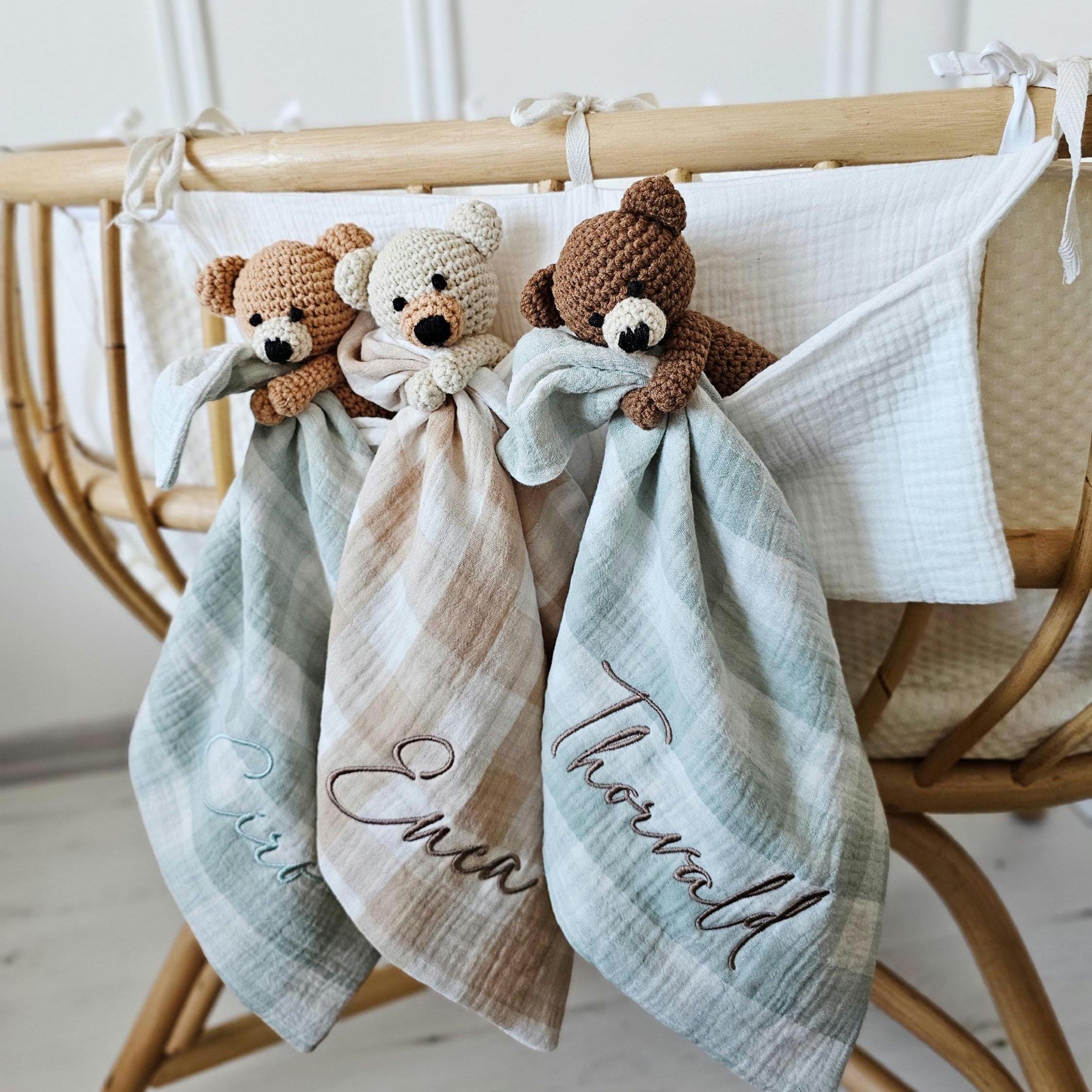 Personalised Baby Comforter, Neutral Teddy Bear Baby Rattle Set