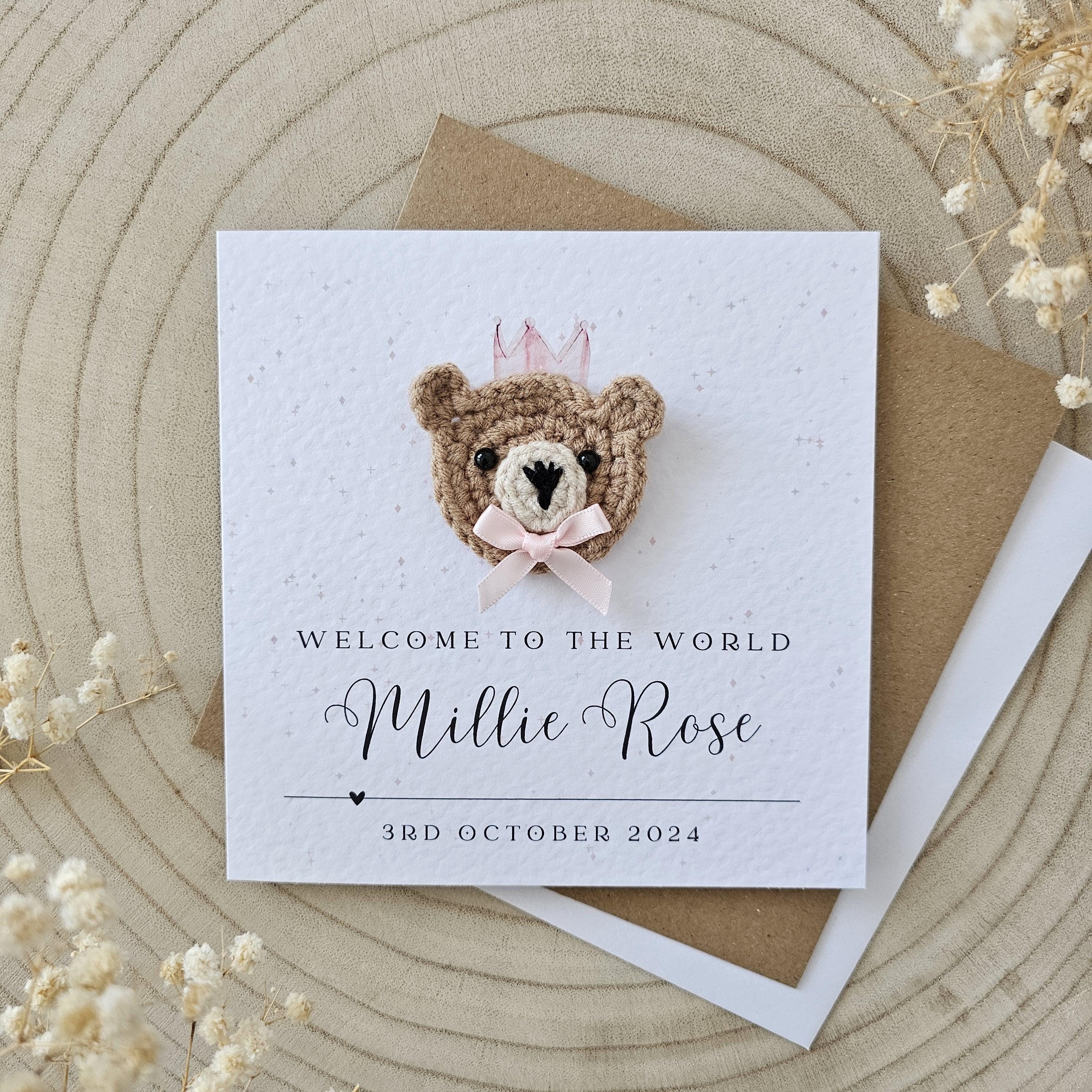 Personalised Crochet New Baby Card, Handmade Crochet Bear, New Baby Boy ...