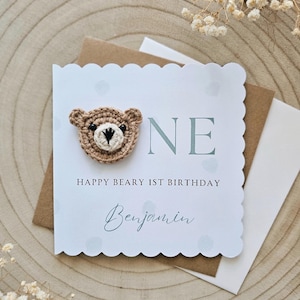 Personalised 1st First Birthday Card, One Girl Boy Custom, Neutral Minimal Card, Teddy Bear, Baby Luxury, Grandson Daughter Son Beary 149