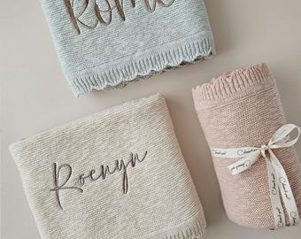 Personalised Scalloped Baby Blanket, Luxury Neutral Knitted, Organic Cotton, Baby Shower Gift, New Baby Newborn Pram, Birth Annoucement