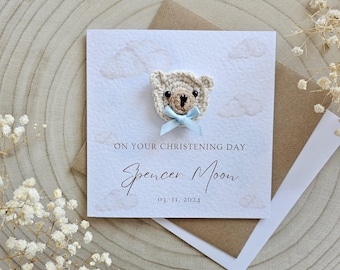 Christening Card For Godson, Baby Boy Girl Baptism, Goddaughter Gift, For Nephew Niece, Daughter Grandson, Neutral Luxury Teddy Bear - 004