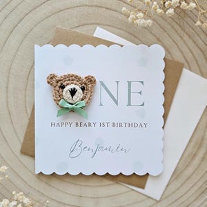 Personalised 1st First Birthday Card, One Girl Boy Custom, Neutral Minimal Card, Teddy Bear, Baby Luxury, Grandson Daughter Son Beary 152