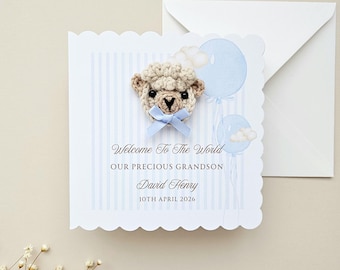 Oso de peluche de ganchillo personalizado, tarjeta de nacimiento para bebé, regalo de lujo para nieta, nieto, sobrina o sobrino.