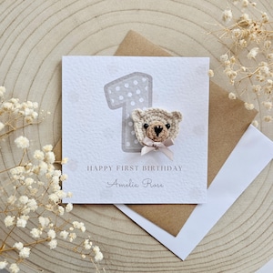Carte d'anniversaire personnalisée pour le premier anniversaire, un deux, fille garçon personnalisé, minimal neutre, ours en peluche, luxe pour bébé, petit-fils fille nièce neveu
