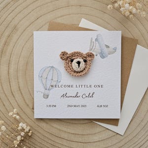 Gepersonaliseerde gehaakte nieuwe babykaart, handgemaakte gehaakte beer, luxe nieuwe babyjongen, nieuwe babymeisje, neutrale beer nieuwe baby, gepersonaliseerd cadeau 166