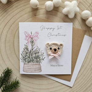 Tarjeta de Navidad personalizada para bebé, tarjeta de osito, regalo de Navidad para bebé recién nacido, saludos para niños, tarjeta de Navidad para nieto, nieta, hijo, 123L