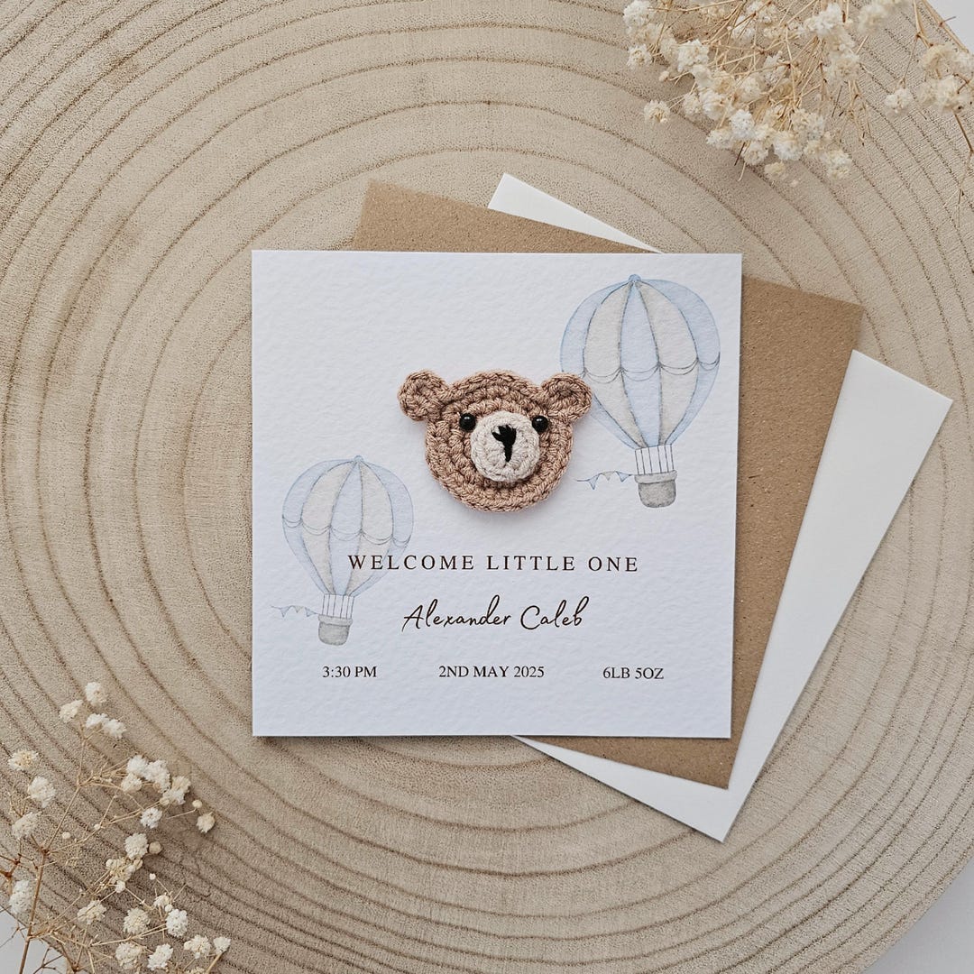 Personalised Crochet New Baby Card, Handmade Crochet Bear, Luxury New ...