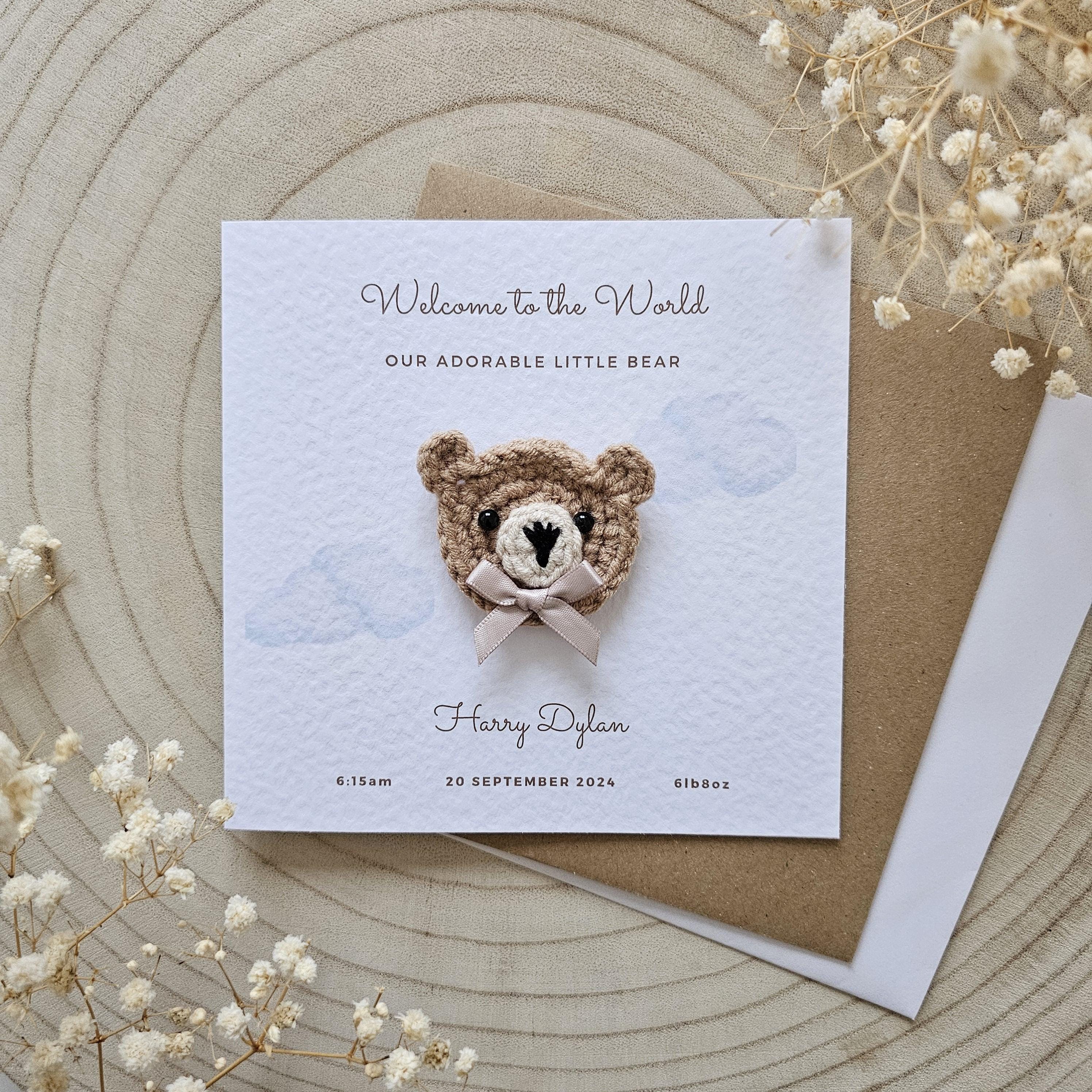 Personalised Crochet New Baby Card, Handmade Crochet Bear, Luxury New ...