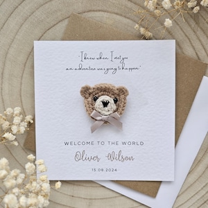 Tarjeta de crochet personalizada para recién nacido, cita de Winnie the Pooh, tarjeta para recién nacido niño, tarjeta para recién nacido niña, tarjeta de osito neutro, tarjetas de lujo, recién nacido 082