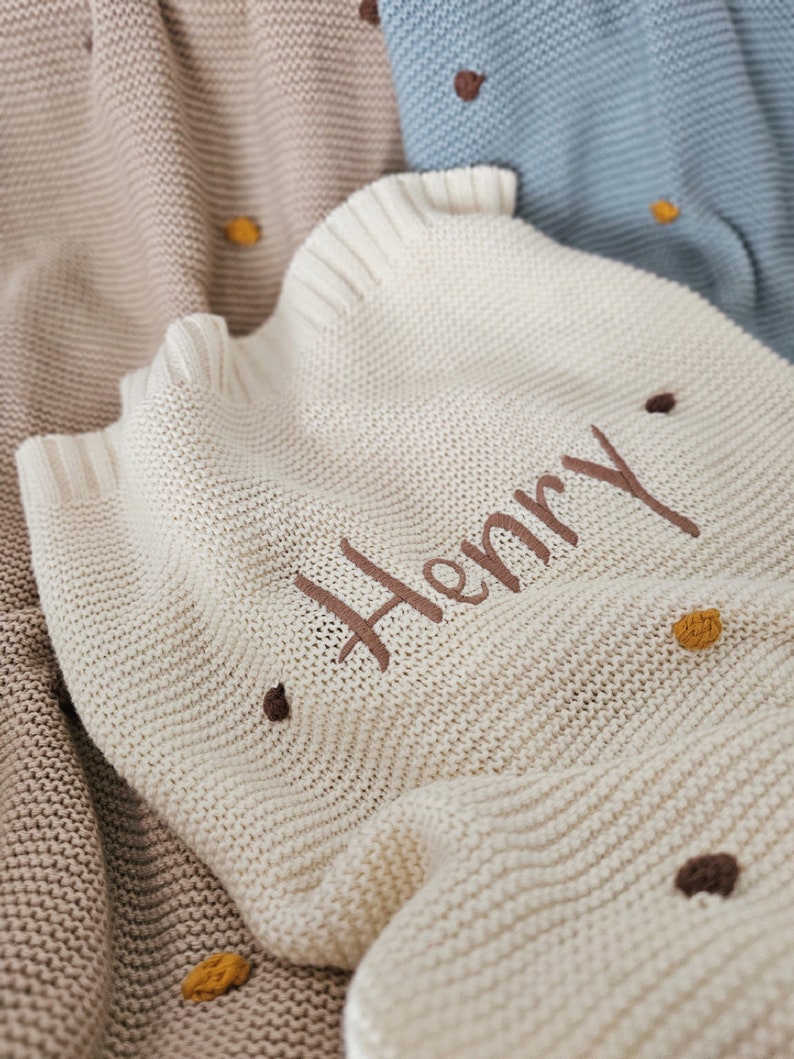 Personalised Polka Dot Knit Blanket, Knitted Lightweight Baby Blanket, Baby Shower Gift, Personalised Baby Gift, Knit Pram Blanket, Newborn image 5