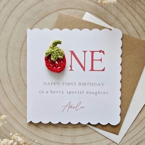 Strawberry 1st Birthday Card, Special Granddaughter, Baby First Birthday, Personalised Berry Theme, Crocheted Luxury, StrawBerry Card 148