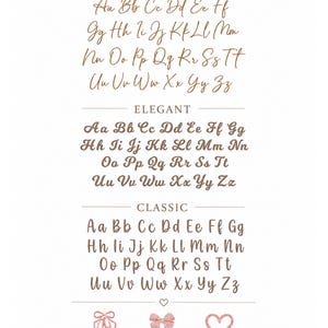 May include: A font style guide featuring three alphabet sets labelled DELICATE, ELEGANT, and CLASSIC in brown script and print lettering. Below are three small pink icons: a pair of ballet pumps, a bow, and an outlined heart with text labels.