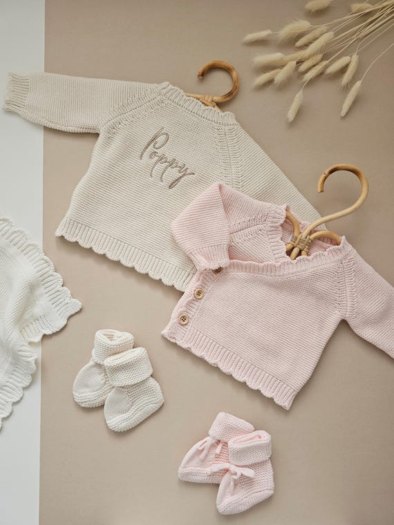 Personalised Knitted Baby Cardigan, Baby Announcement, Name Knit Jumper, Newborn Clothes, Baby Shower Gift, Luxury New Baby, Beige Neutral