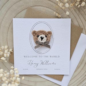 Gepersonaliseerde vintage gehaakte nieuwe babykaart, handgemaakte gehaakte beer, luxe nieuwe babyjongen, nieuwe babymeisje, neutrale beer kaart nieuwe baby cadeau 064