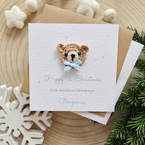 Tarjeta de Navidad personalizada para bebé, osito de peluche neutro para niño, primer nacimiento de bebé, saludos infantiles, nieto, sobrino, hijo 098
