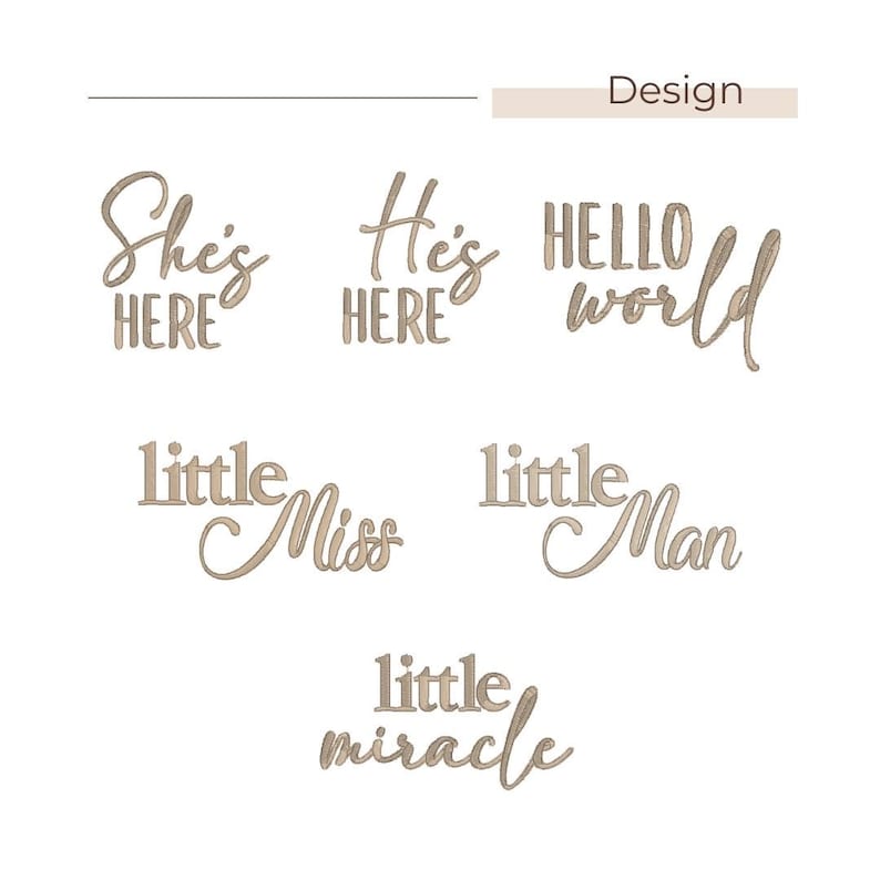 May include: A collection of wooden cutouts with phrases like "She's HERE", "He's HERE", and "HELLO world". Other phrases include "little Miss", "little Man", and "little miracle". The word "Design" is at the top.