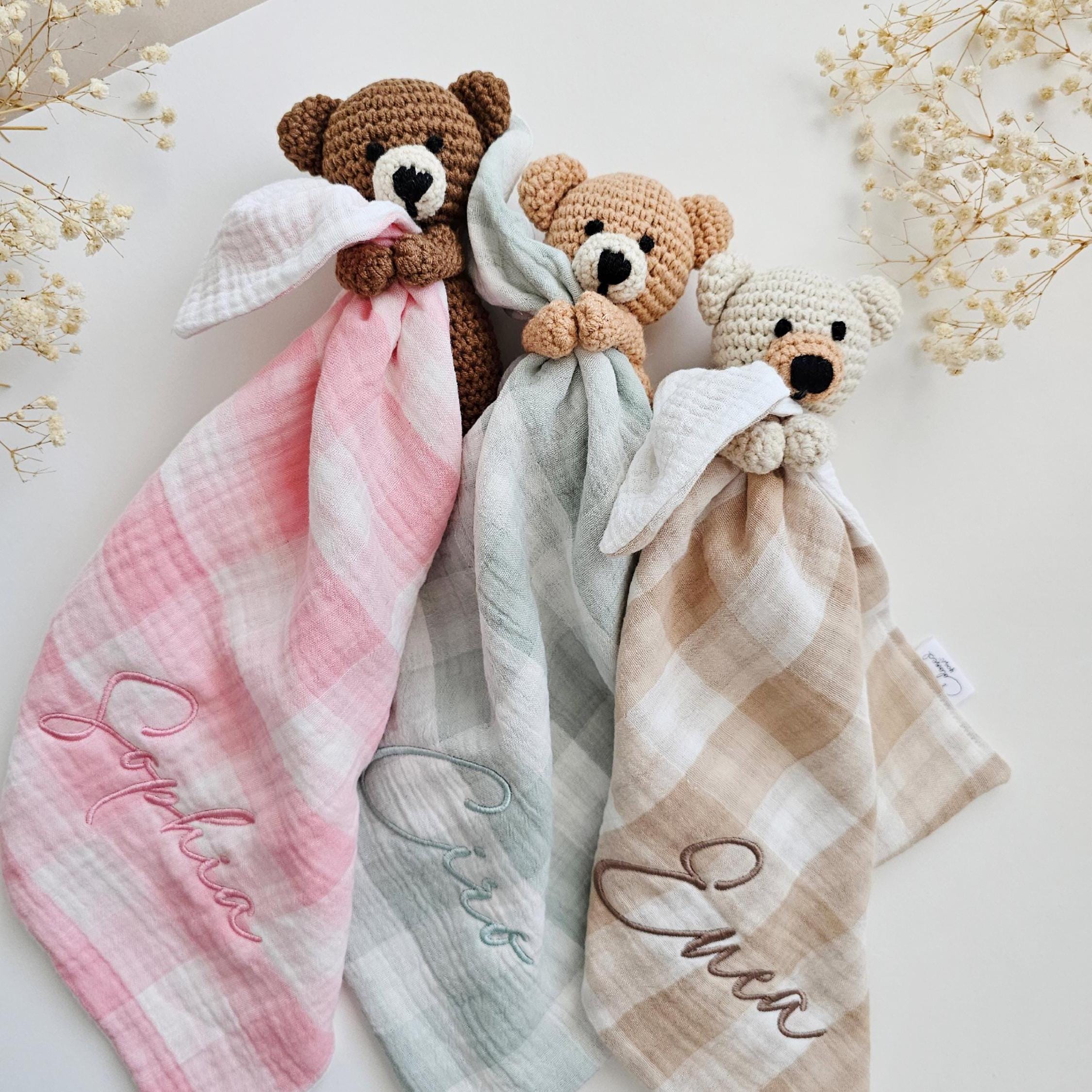 Personalised Baby Comforter, Neutral Teddy Bear Baby Rattle Set Gift ...