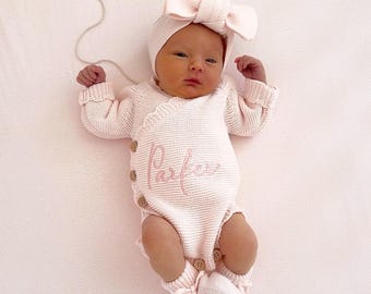 Personalised Baby Scalloped Romper, Luxury Neutral Set, Newborn Beige, Announcement Bodysuit, Baby Coming Home Outfit, Knitted Hello World