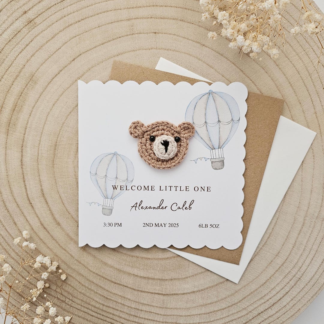 Personalised Crochet New Baby Card, Handmade Crochet Bear, Luxury New ...