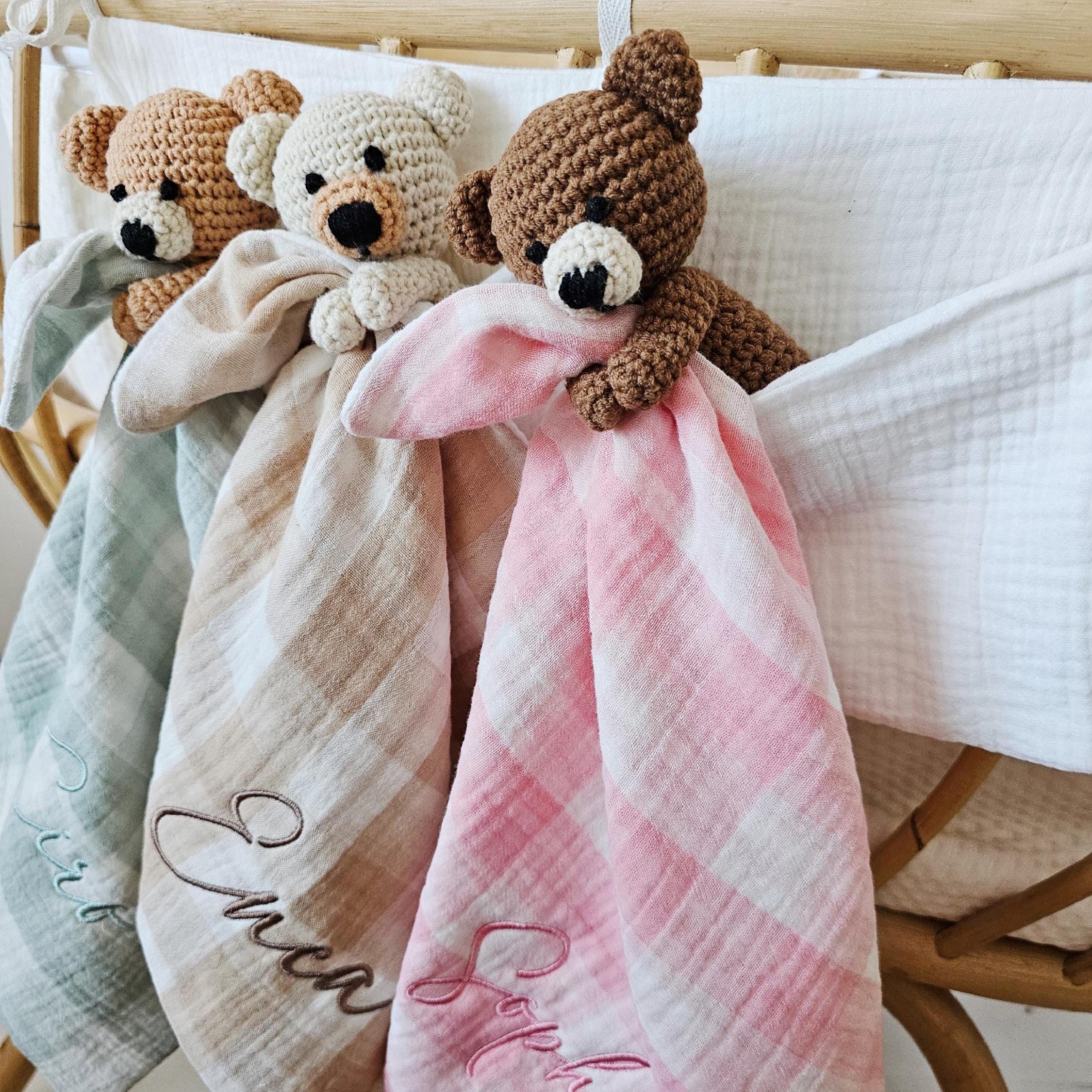 Personalised Baby Comforter, Neutral Teddy Bear Baby Rattle Set