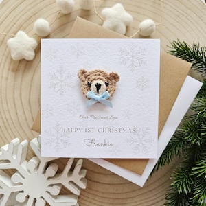 Tarjeta de Navidad personalizada para bebé, osito de peluche neutro para niño, primer cumpleaños para bebé recién nacido, felicitaciones navideñas para niños, nieto y sobrino 106